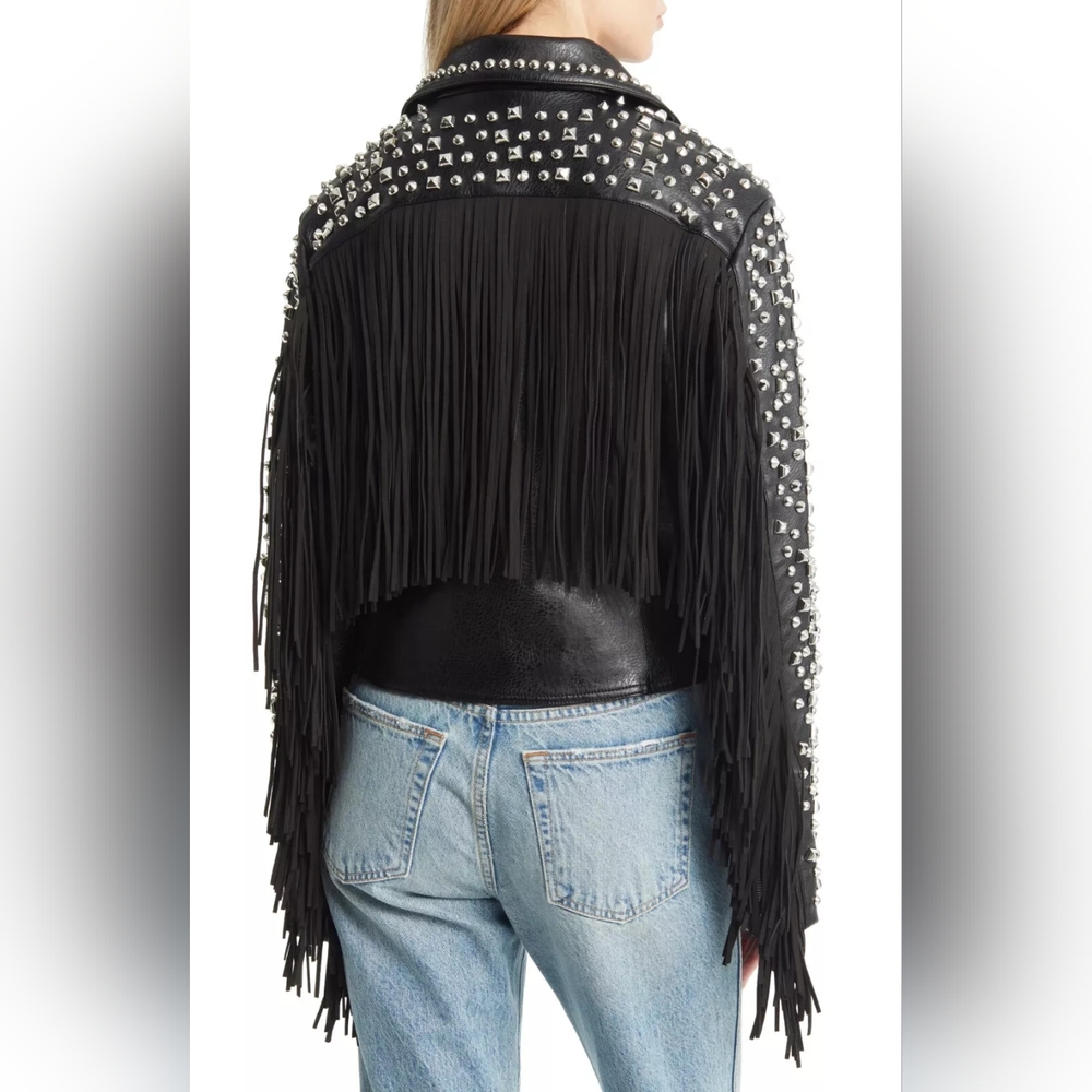 ~SOLD~ Dolls Kill Black Studded AZALEA WANG Ryder Fringe Faux Leather Jacket M - Picture 8 of 16